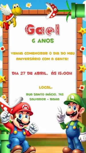 Convite Aniversário Super Mario e Luigi para Editar Online