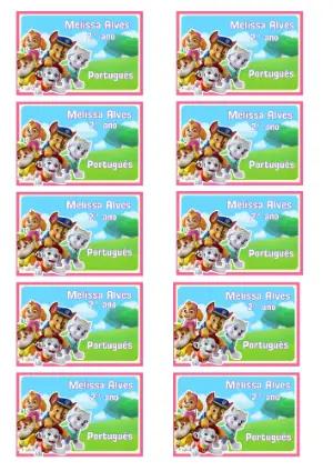 Etiqueta Escolar Patrulha Canina Rosa para Editar e Imprimir