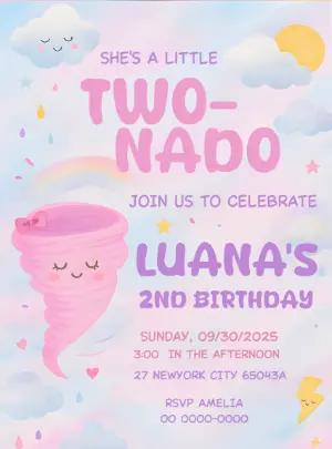 Cute Two-nado Birthday Invitation Editable Digital Template