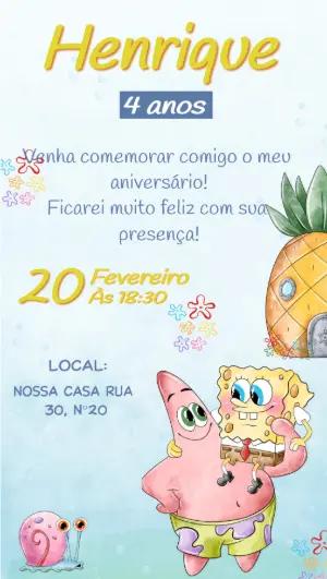Convite Digital Bob Esponja para Aniversário Infantil Editável