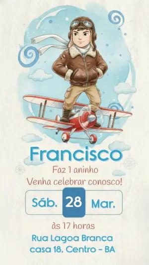 Convite de Aniversário Infantil Aviador Aquarela Editável