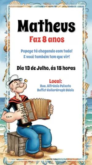 Convite de Aniversário Popeye Infantil para Editar Online