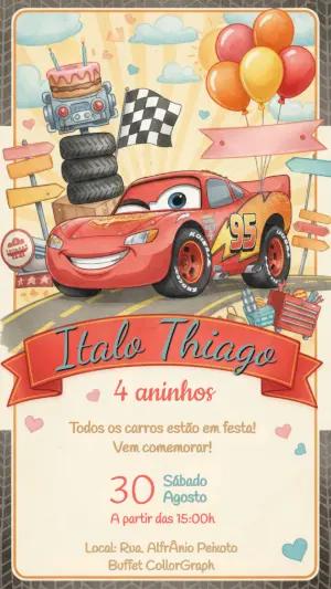 Convite de Aniversário Carros Aquarela para Editar e Enviar