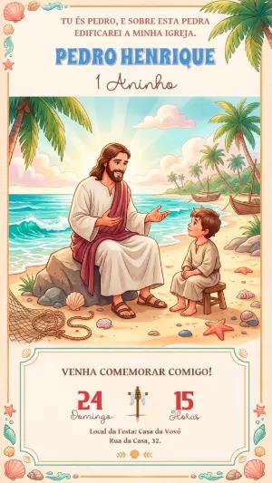 Convite de Aniversário Jesus e Pedro na Praia Editável