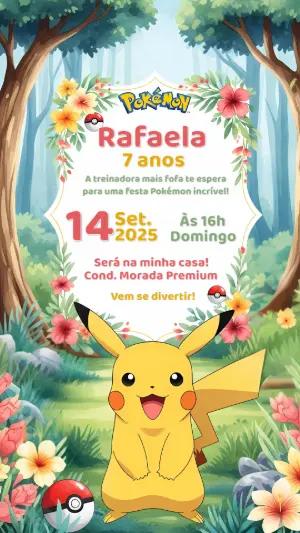Convite Aniversário Pokémon Menina Floral para Editar Online