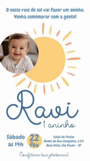 Convite de Aniversário Raio de Sol com Foto Editável