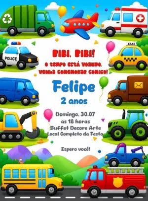 Convite de Aniversário Infantil Meios de Transporte para Editar
