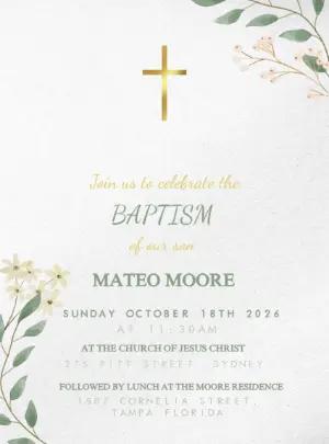 Editable Baptism Invitation with Gold Cross and Greenery