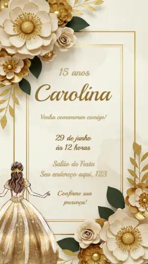 Convite de 15 Anos Elegante com Flores Douradas para Editar