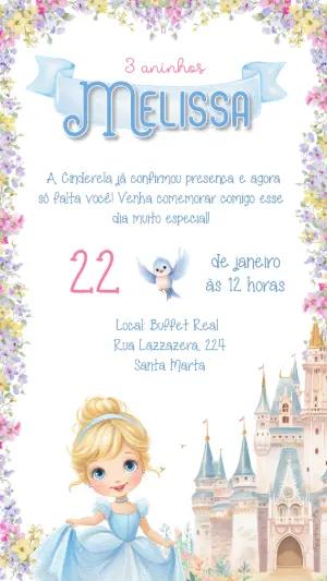 Convite Animado Aniversário Cinderela Princesa para Editar