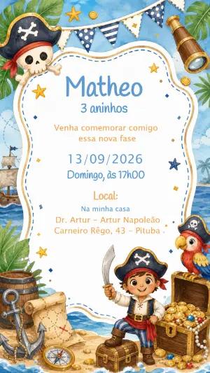 Convite de Aniversário Pirata Aquarela para Editar