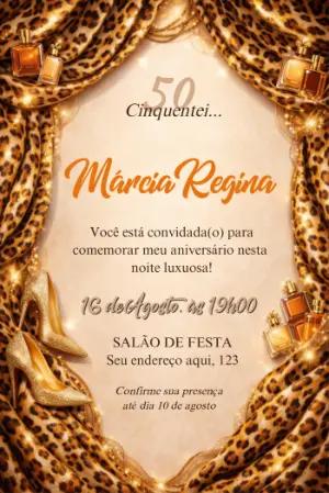 Convite de Aniversário 50 Anos Animal Print Luxo Editável