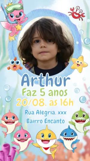 Convite Aniversário Baby Shark com Foto para Editar Online