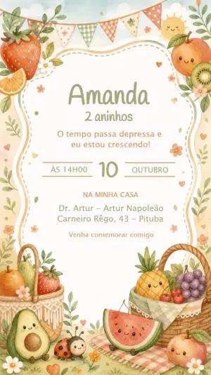 Convite de Aniversário Piquenique de Frutas Editável