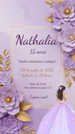 Convite de 15 anos Lilás e Dourado com Flores 3D para Editar