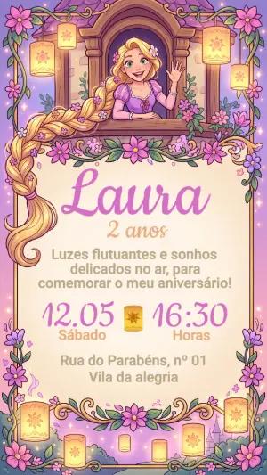 Convite de Aniversário Rapunzel Luzes Mágicas Editável