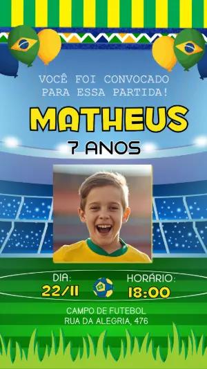 Convite de Aniversário Futebol Brasil Editável com Foto
