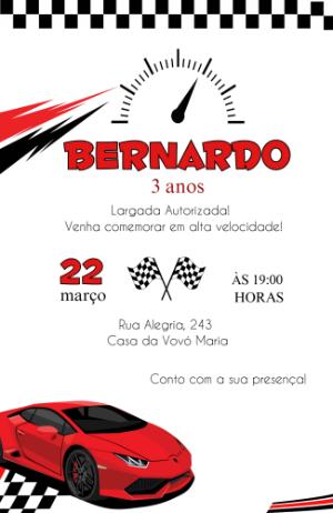 Convite de Aniversário Carros de Corrida Vermelho Editável