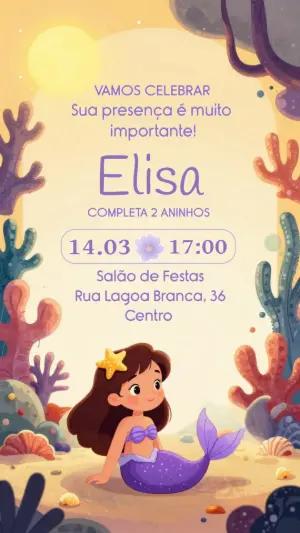 Convite Digital Sereia Fofa para Aniversário Infantil Editável