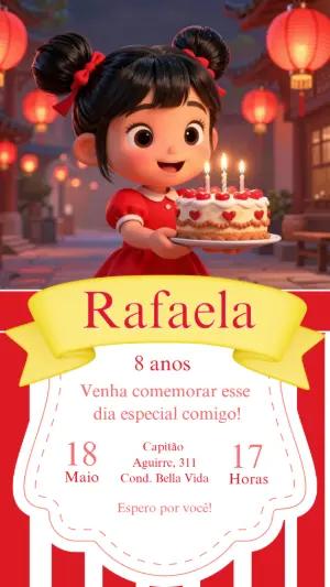 Convite de Aniversário Infantil Menina Asiática Pucca Editável
