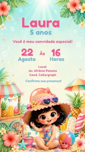 Convite de Aniversário Verão e Praia para Menina Editável
