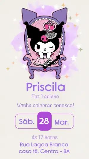 Convite de Aniversário Kuromi Roxo e Rosa para Editar