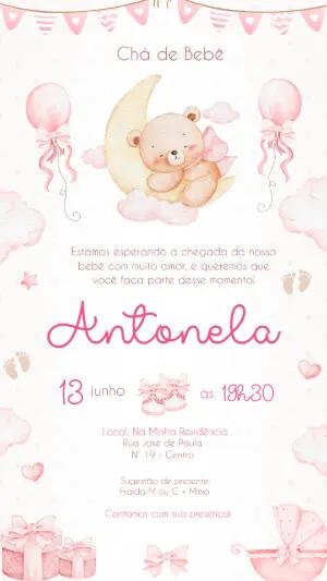 Convite Chá de Bebê Ursinha na Lua Rosa Editável