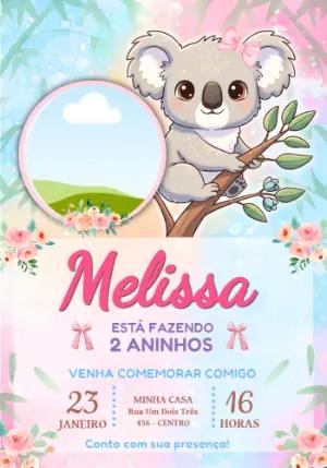 Convite de Aniversário Coala Fofo em Aquarela para Editar