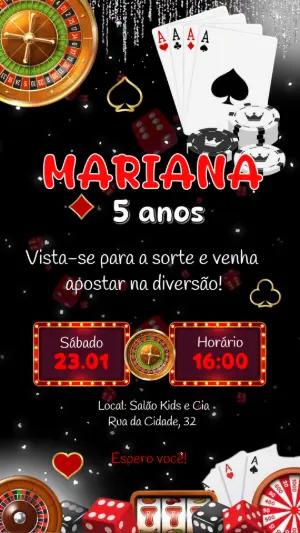Convite de Aniversário Cassino com Cartas e Roleta para Editar