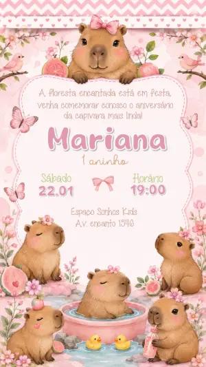 Convite de Aniversário Digital Tema Capivara Rosa para Editar