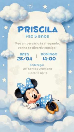 Convite de Aniversário Minnie Azul nas Nuvens Editável