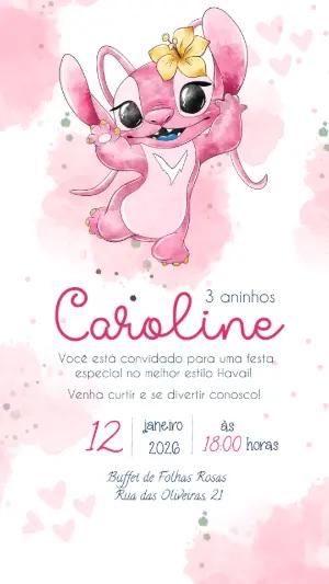 Convite de Aniversário Angel Stitch Rosa Aquarela para Editar