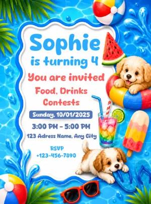 Cute Puppy Pool Party Birthday Invitation - Editable Template
