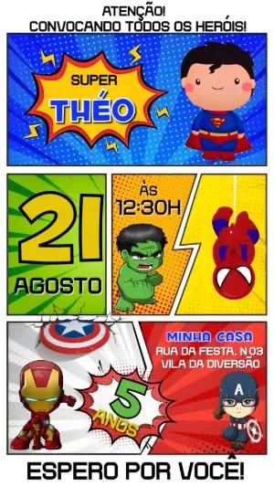 Convite de Aniversário Super-Heróis Baby Editável Estilo HQ