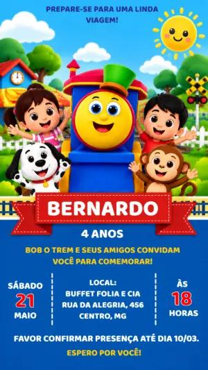 Convite de Aniversário Bob o Trem e Amigos para Editar Online