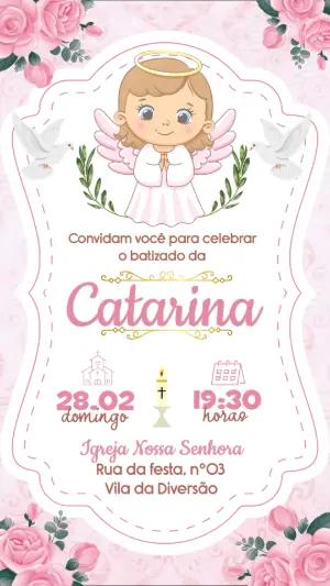 Convite de Batizado Menina Anjinha Rosa Editável