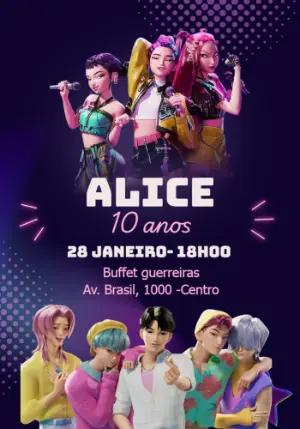 Convite de Aniversário Guerreiras do Kpop para Editar e Enviar