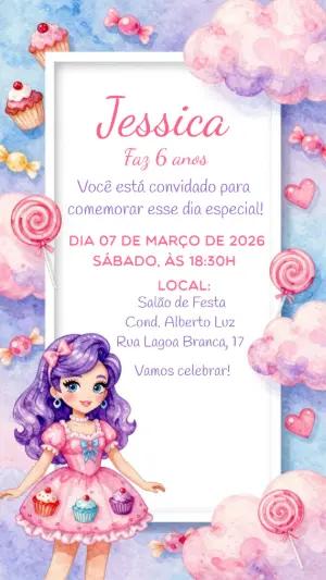 Convite Digital Festa Candy Land com Boneca para Editar