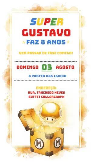 Convite Aniversário Super Mario com Bloco Surpresa para Editar