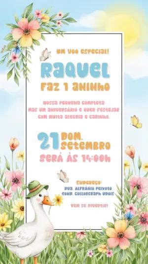 Convite de Aniversário Ganso Aquarela com Flores para Editar