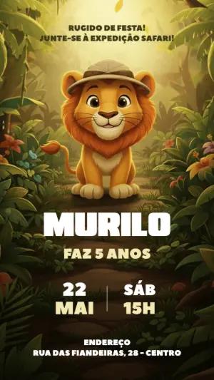 Convite de Aniversário Safari com Leãozinho para Editar Online