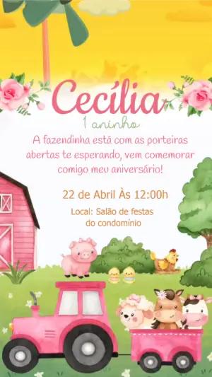 Convite Animado Fazendinha Rosa com Animais para Editar Online