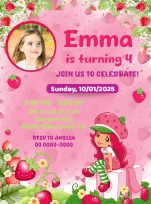 Editable Strawberry Themed Birthday Invitation for Girls with photo