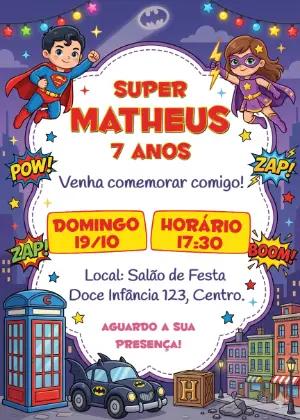 Convite de Aniversário Super Heróis Infantil Editável
