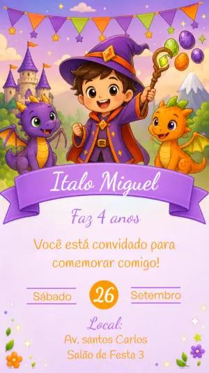 Convite de Aniversário Mago e Dragões para Editar