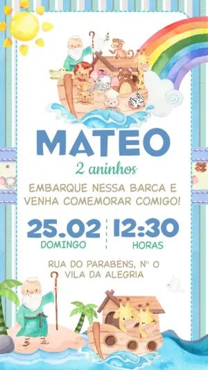 Convite de Aniversário Arca de Noé Aquarela Menino Editável