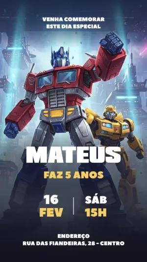 Convite de Aniversário Transformers Editável com Robôs de Ação