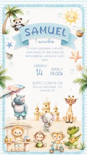 Convite de Aniversário Animais na Praia para Editar