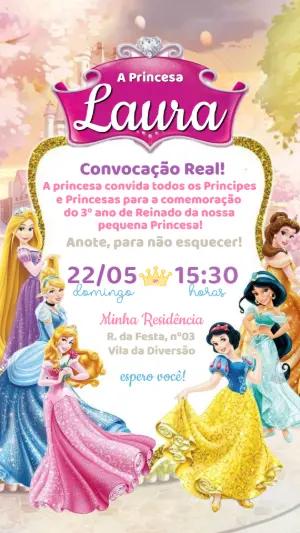 Convite de Aniversário Princesas Rosa e Dourado Editável