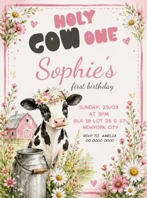Holy Cow One First Birthday Editable Invitation